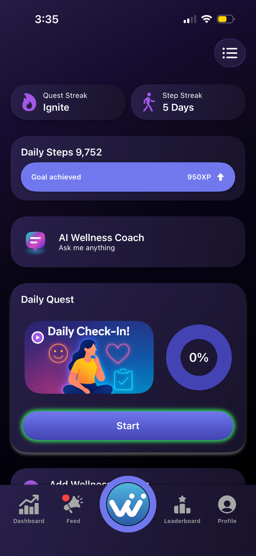 Wellnify.ai mobile community wellness app showing daily steps, AI coach, challenge and quest